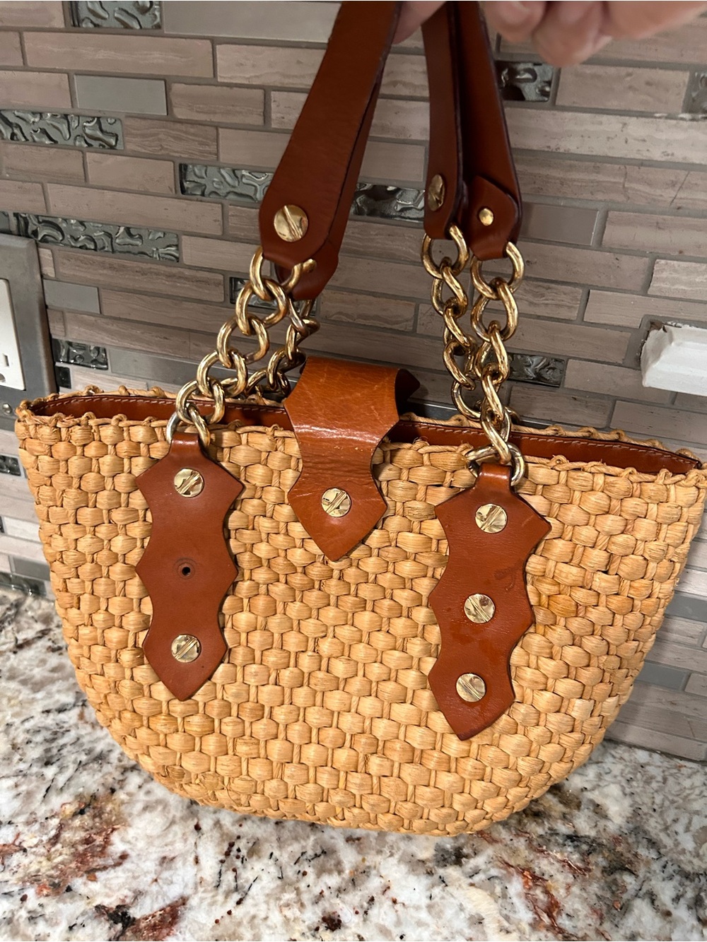 Michael Kors Woven Straw Tote with Brown Leather Trim and Gold Hardware/ rare - Picture 5 of 8